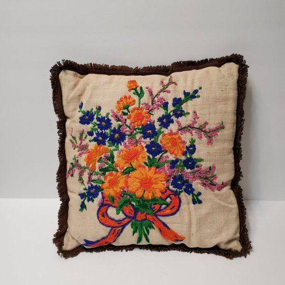 Hand Crafted Accents Vintage Crewel Pillow Handmade Floral